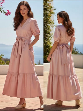 Xirena Larkyn Puff-Sleeve V-Neck Cotton Poplin Maxi Dress in Blush Light Pink XS